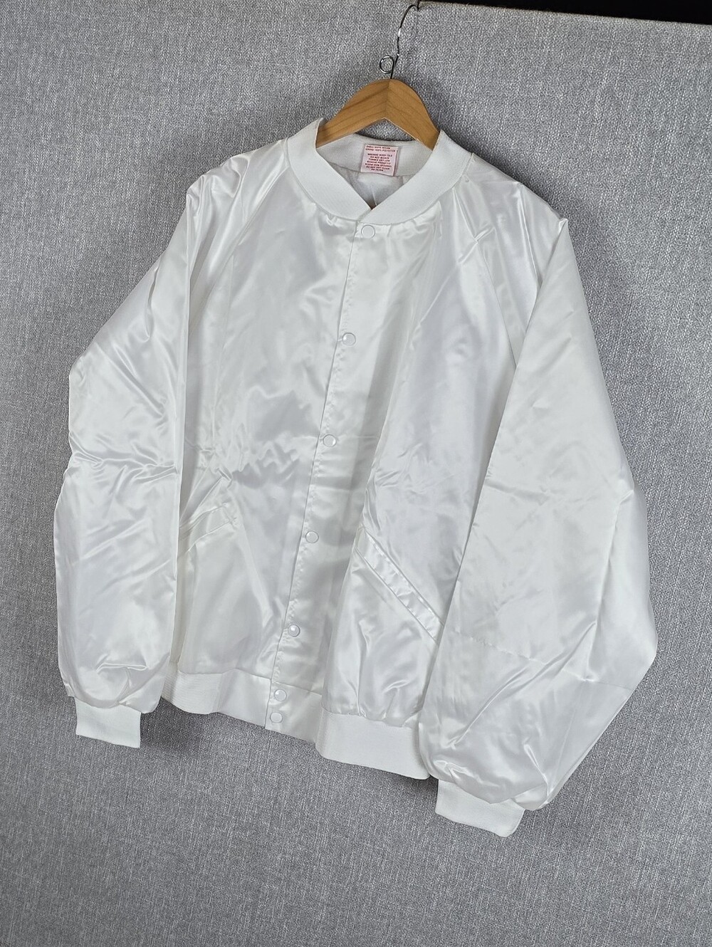 Vtg Cardinal Pearl White Satin Varsity Bomber Jacket Like New Sz XXXL